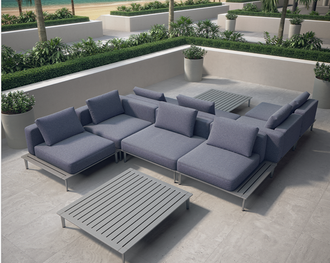 An outdoor area with blue sofas